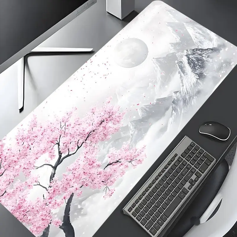 Japanese Cherry Blossom Snow Mountain Design Large Gaming Mouse Pad, Washable Non-Slip Rubber, Multi-Size, Ideal for Home Office, Gaming Desk Accessory, Desk Accessories, Great Gift