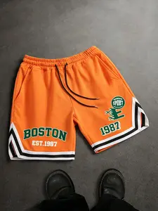 Men's Vintage Boston 1987 Graphic Basketball Shorts, Summer Loose-Fit Sporty Casual Pants, Trendy Street Style Shorts for Men
