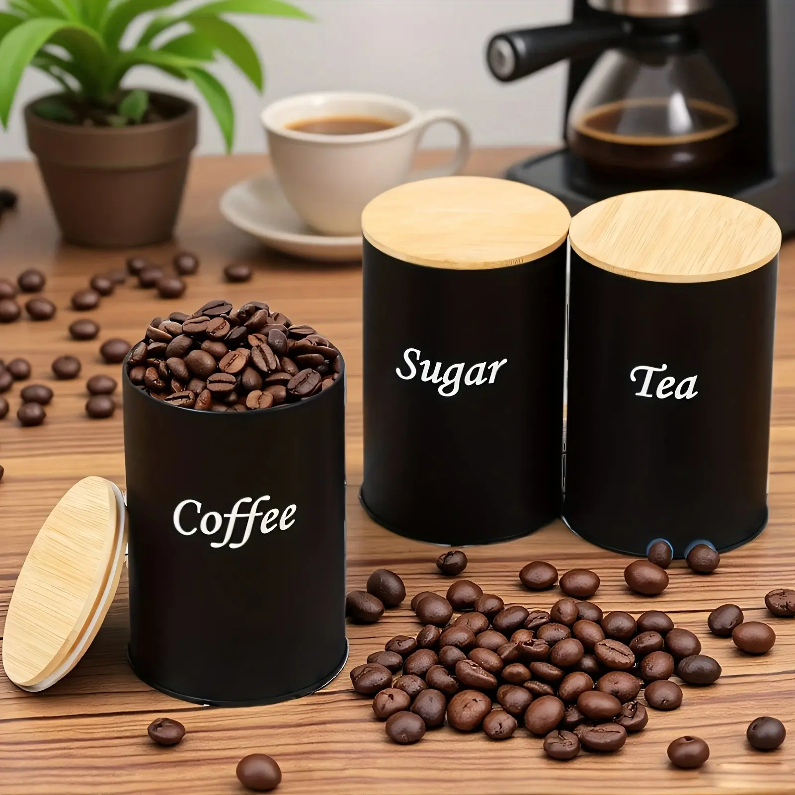 3-Piece Simple Metal Round Canister Set, Multi-Functional Tea Coffee Sugar Storage Containers, Reusable, No Power Needed, Kitchen Living Room Office Organizer, Kitchen Home Storage Canisters Set