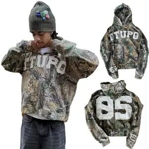 Camouflage Hoodies Retro 90s Style Clothing Loose Pattern Pullover with "TTUPO" & "05" Letter  Embroidery Comfortable Sportswear Tree Branch Zipper Sweatshirts, Womenswear Tops