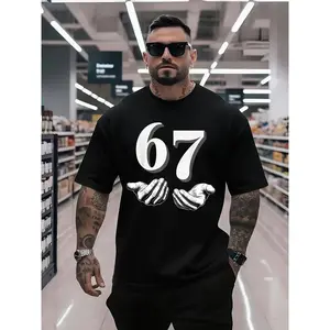 Men's Six Seven 6 7 Meme Graphic T-Shirt - 67 Number Design, with Thumbs Up & Street Style Casual Short Sleeve Crew Neck T-Shirt, Comfortable Regular Fit, Casual Social Media Look - Funny Quote Top,  2D Men's Six Seven Short Sleeve T-Shirt