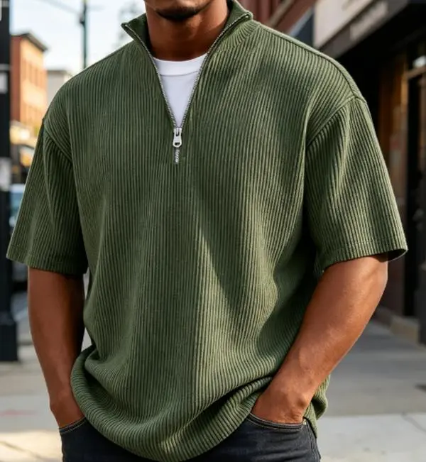 Men's Rib Knit Polo Shirt, Relaxed Fit Half-Zip Pullover with Stand Collar, Vertical Striped Anti-Wrinkle Business Casual Top, Zipper, Stretch, Formal, Fabric Athletic Baggy, Office, Ribbed
