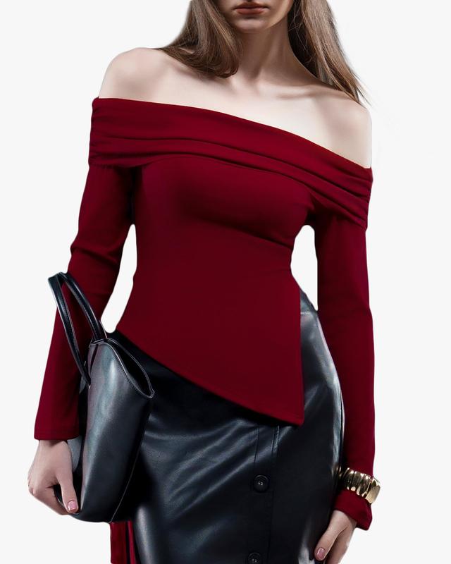 Women's Trendy Off Shoulder Boat Neck Long Top Trendy Holiday Christmas Party Outfits Sexy Going Out Fold Over Shirt 2025 (US, Alpha, Large, Regular, Regular, Burgundy, Long Sleeve)