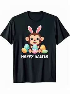 Men's Cotton Easter T-Shirt - Cute Monkey & Bunny Ears with Happy Easter Eggs Print, Happy Easter Lettering, Casual Round Neck Short Sleeve Tee for Men, Dad, Husband - Easter Gift Machine Washable, Year-Round Comfort, Festive Clothing, Vintage Style