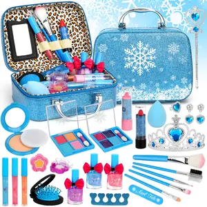 28pcs Kids Makeup Kit for Girl, Washable Real Makeup Set, Lipstick, eye shadow, nail polish, makeup brushes, etc, Birthday Gifts for Girls 3+ Years Old, Christmas Gifts ( Blue)