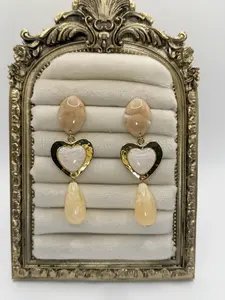 Hearty Acrylic Marble Long Earrings Gold Plated