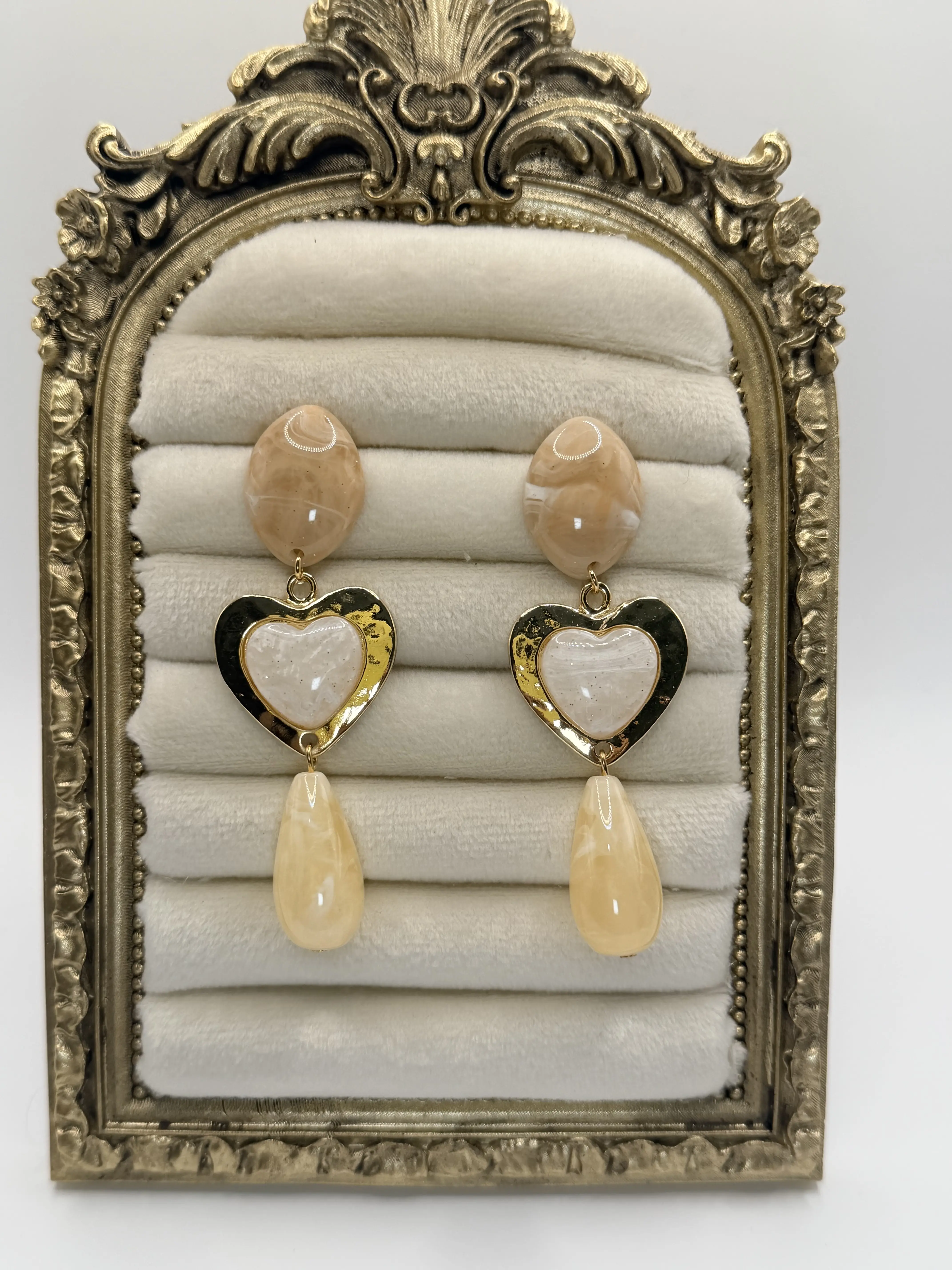 Hearty Acrylic Marble Long Earrings Gold Plated