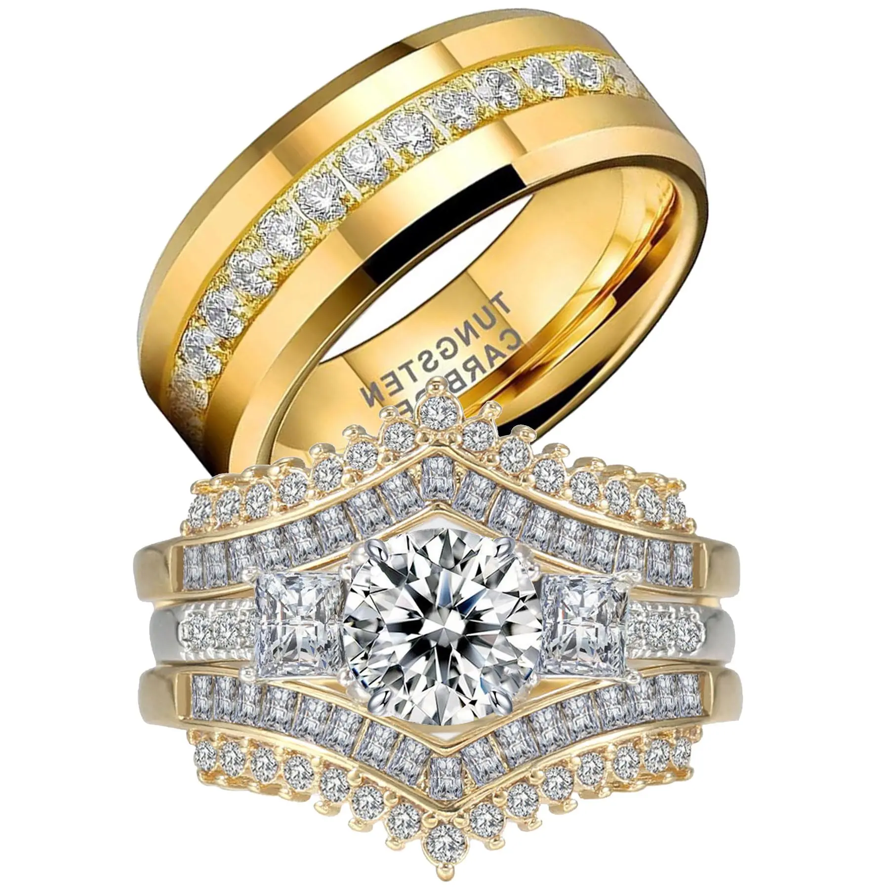 VOWSERING 2CT Round CZ Wedding Ring Set for Women & Men Yellow Gold Plated Tungsten Steel & 5A Grade Cubic Zirconia Bridal Couple Rings Hypoallergenic & Tarnish Resistant Gift-Ready Ring Box