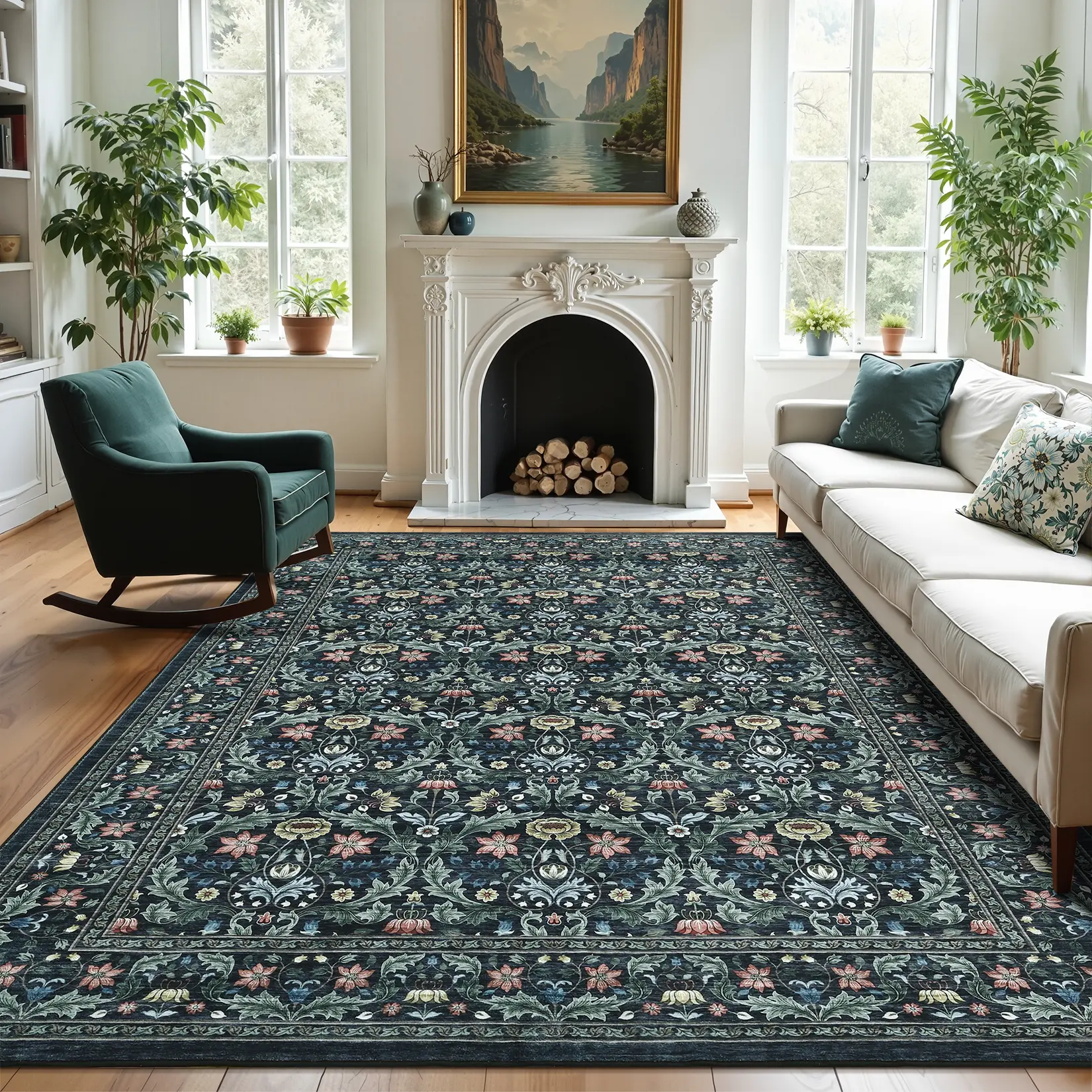 Modern Floral Print Vintage Retro Household Decorative Rug Mat, Soft Stain-Resistant Ultra-Thin Foldable Machine Washable Area Rug with Non-Slip Backing for Living Rooms, Dining Rooms, Machine Washable Rugs, Tufted Weave