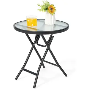 Folding Side Table, Round Small Patio Table, Tempered Glass Tabletop, Steel Frame, Weather-Resistant Outdoor Indoor Use for Bistro Porch Garden Balcony (Classic Round, 18"x18"x18.5")