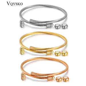 US-FASHION - Unisex Elastic Cable Wire Bangle Stainless Steel Bracelet Screw with Removable End Plug Twisted Cuff Charm Beads fit DIY Jewelry