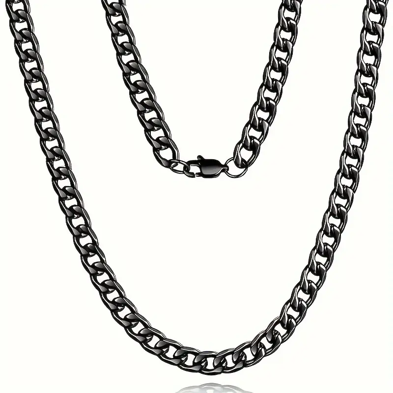 Black Cuban Link Chain Necklace - Stainless Steel Flat Punk Style Choker for Men & Women, Minimalist Hip-Hop Jewelry, 5mm/7mm/9mm, 18-24 Inches Hip Hop Necklace