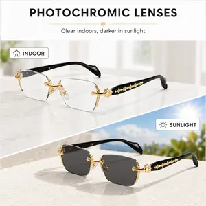 Photochromic Blue Light Glasses for Men Women, Rimless Color Changing Computer Glasses, UV400 Lightweight Eyewear