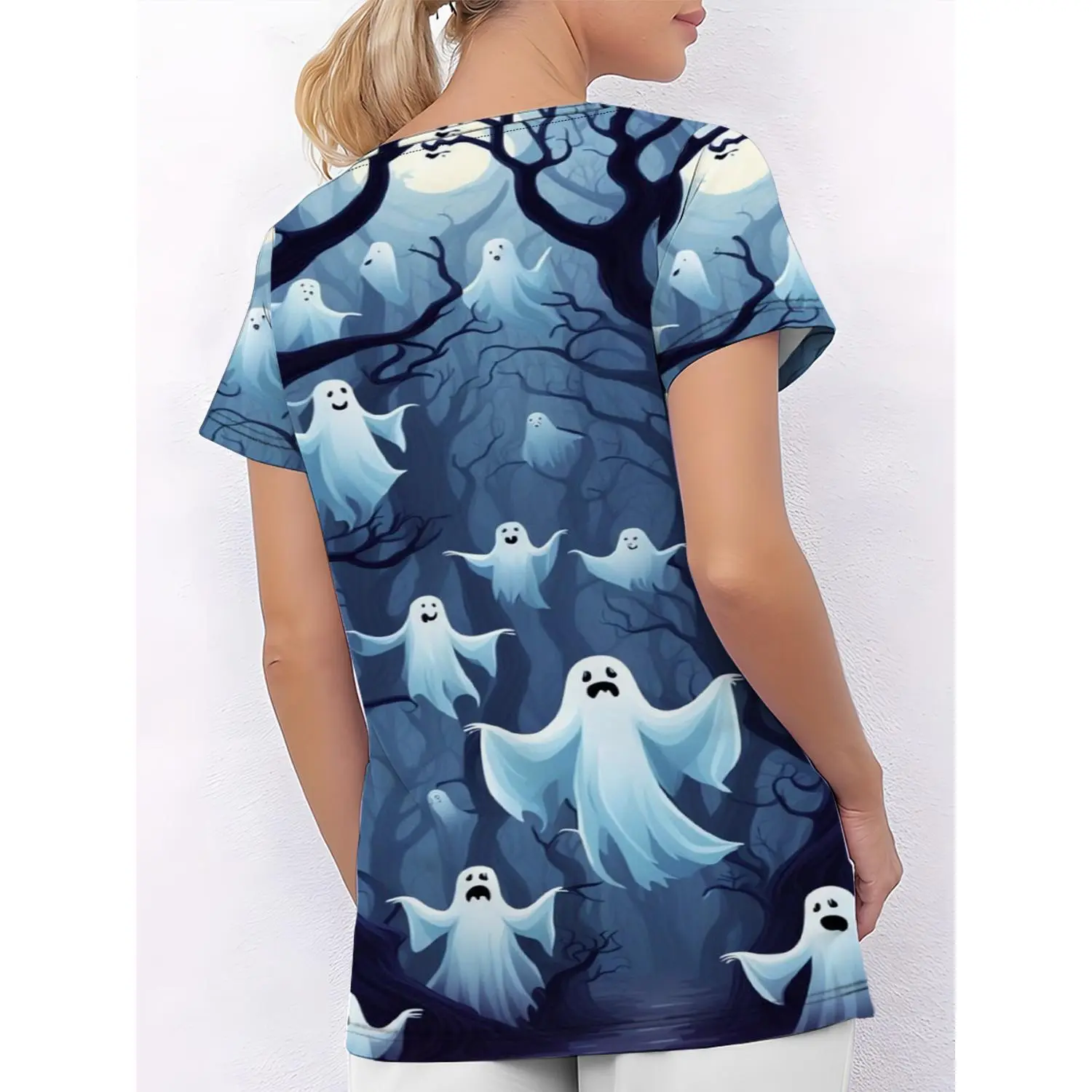 Plus Size Halloween Women’s Nurse Uniform, Moonlit Haunting Forest Design, Soft & Stretchy Pocketed V-Neck T-Shirt, Comfortable Casual Short Sleeve, Ideal Halloween Gift