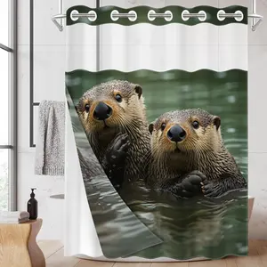 1pc hookless shower curtain with buckle lining, brown and white sea otter playful design, 2D flat printing, fabric waterproof lining, see-through double-layer shower curtain, 71 x 74 inches, modern home draping curtain.