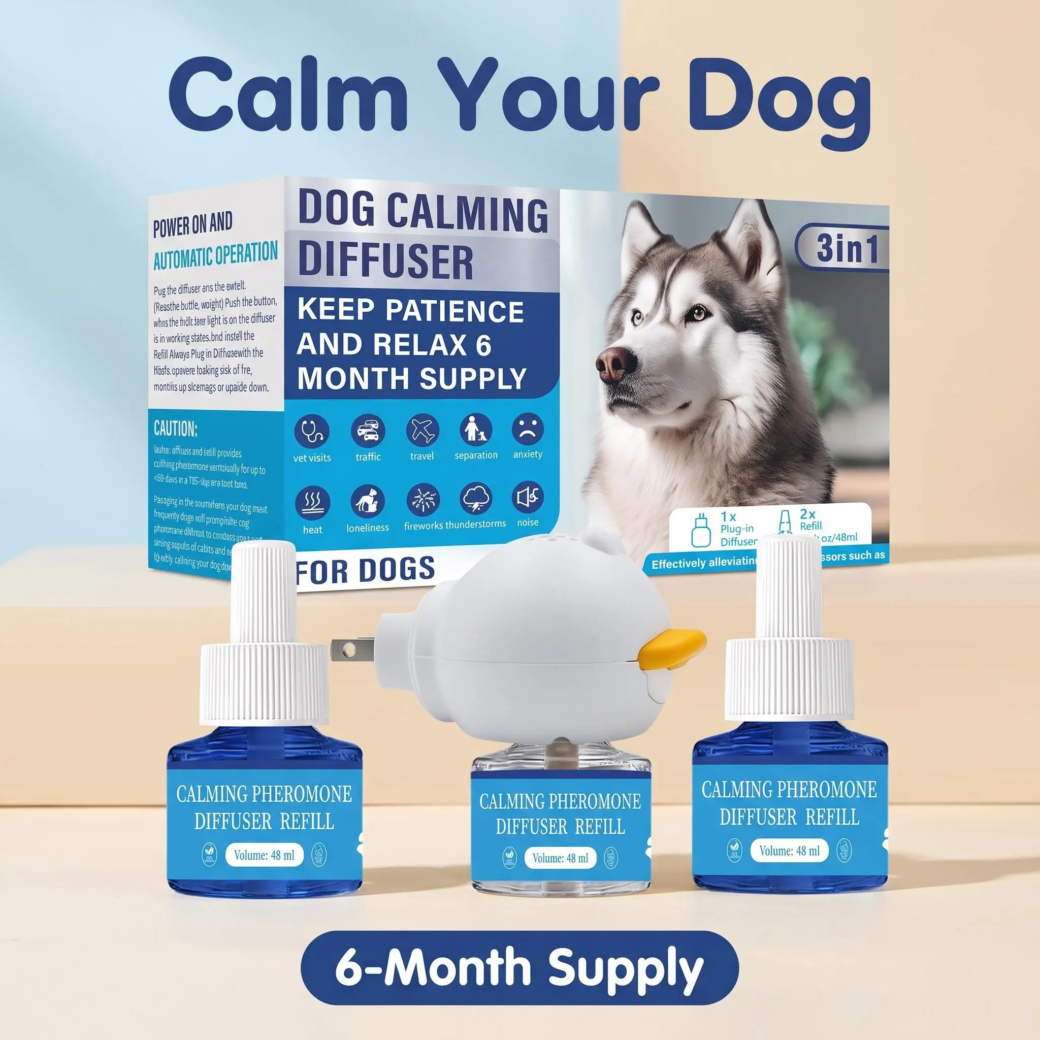 Dog Calming Pheromone Diffuser Kit, 1 Plug-in Diffuser + 2 Refills, 6-Month Supply, Ultra-Quiet, Relieves Separation Anxiety & Stress for Dogs During Thunderstorms, Fireworks