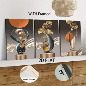 3pcs Framed  Modern Luxury Abstract Decorative Painting with Wooden Frame Living RoomWall Art Nordic Style Ginkgo Leaf and Deer Pattern Canvas Print Home Decorative Mural Painting 2D Flat home decor
