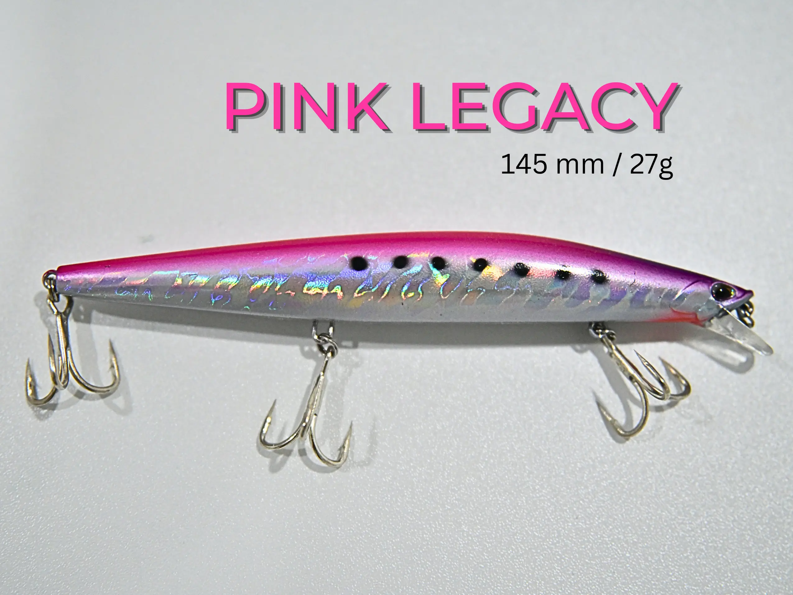 Pink Legacy. Ideal Lures for Barracuda and Jack Fishing 145 mm, 27 g sinking model with an internal piston system.