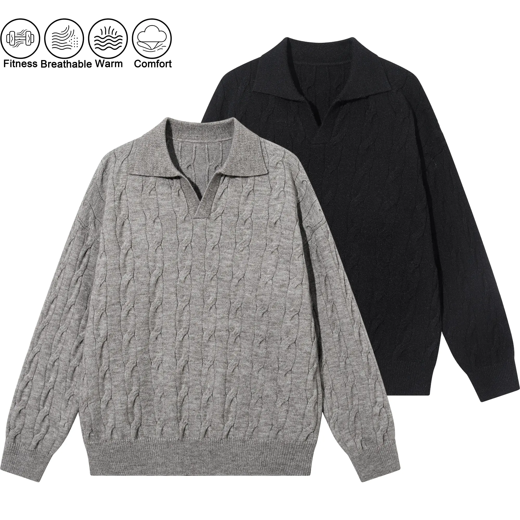 Men's Old Money Style Cable-Knit Sweater, Solid Color, Loose Fit, Polo Collar, Twisted Knit Design