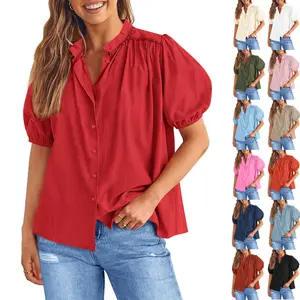 FMEYOA Womens Puff Sleeve Button Down Shirts Cotton Pleated Loose Fit Tops Summer Dressy Casual Blouses