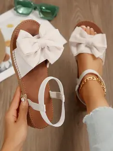 Women's Bow Decorated Open Toe Flat Sandals, Cute Fashion Casual Summer Shoes, Satin Material, Perfect for Commuting and Parties, White Flat Sandals