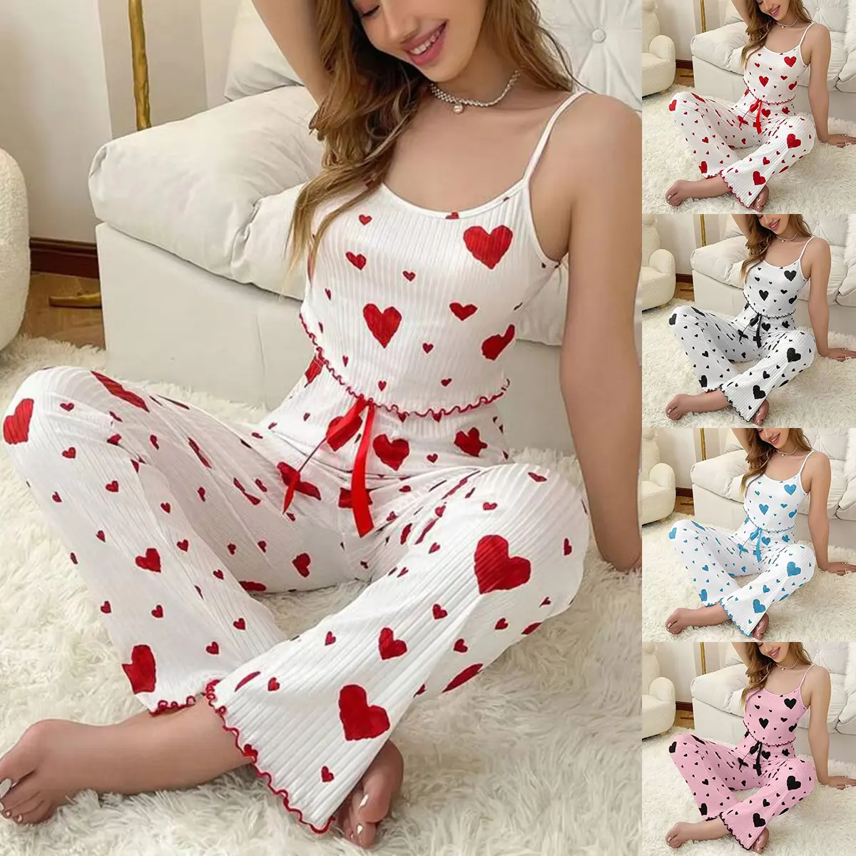 FEITAI Women's Cami & Shorts Set, Casual Heart Print Ribbed Pajamas, 2-Piece Comfortable & Matching Spaghetti Strap Loungewear