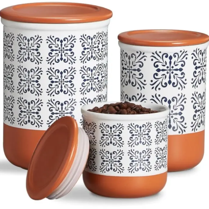 Ceramic Kitchen Canister Set of 3 With Airtight Lids For Coffee, Tea, Sugar & Flour Storage