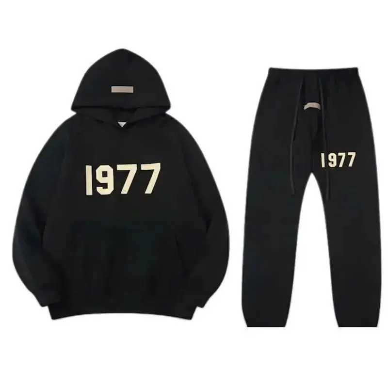 Casual 1977 Essential Hoodie & Pants Black Set – Unisex Streetwear Tracksuit, Pullover Sweatshirt + Joggers, Gift For Him Her