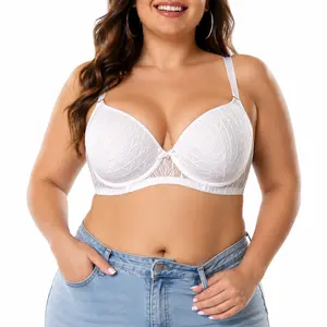 Elegant Big Bust Floral Lace Full Figure Underwire Bra, Front Mesh Cutout Rhinestone Detail Plus Size Push Up Bra for Everyday & Special Occasion