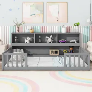 Floor Bed Twin Size, Solid Wood Bed Frame with Side Bookcase and High Fence, Twin Beds with Safety Guardrails for Bedroom - Grey
