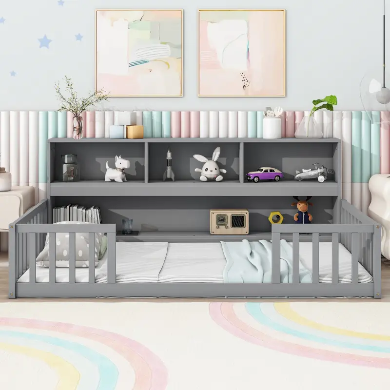Twin Floor Bed with Bedside Bookcase,Shelves,Guardrails,Grey Twin Floor Bed with Bedside Bookcase,Shelves,Guardrails,Grey