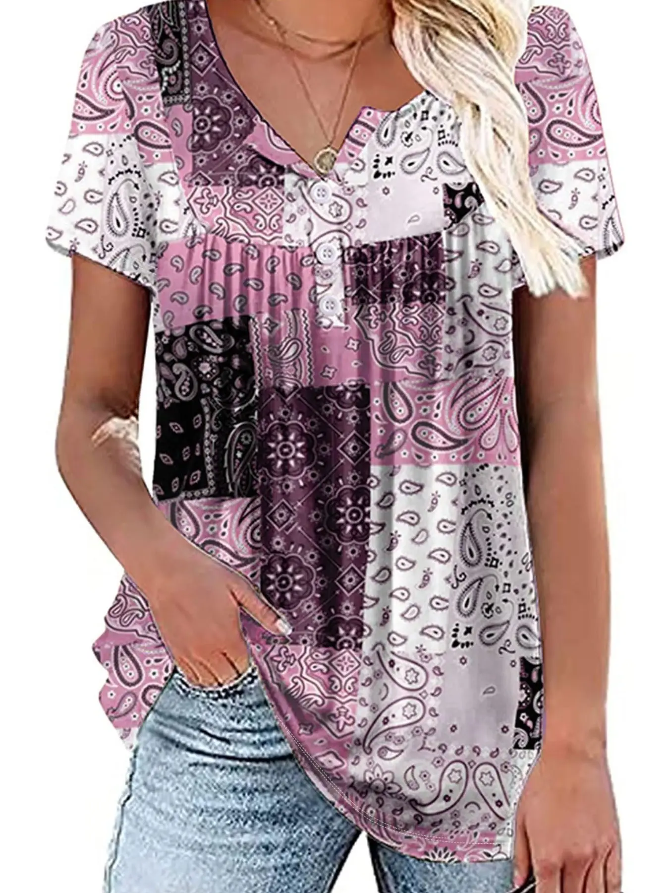Summer Floral Printed Patchwork Short Sleeve Fitted Casual T-Shirt for Women, Lady, Trendy European Style Top, Casual Tops, Fashionable Shirt for Everyday Wear, Bohemian Clothing