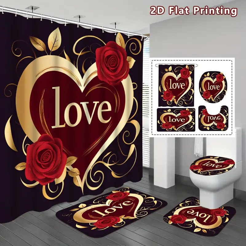 4PCS 2D Flat Romantic Love Shower Curtain Set, Red Heart with Roses Bathroom Decor, Accessories with Bath Mat, U-shaped Mat, Toilet Lid Cover, 12 Hooks 70.87x70.87inch Curtain, Love Theme, Home Decor, Bathroom Accessories.
