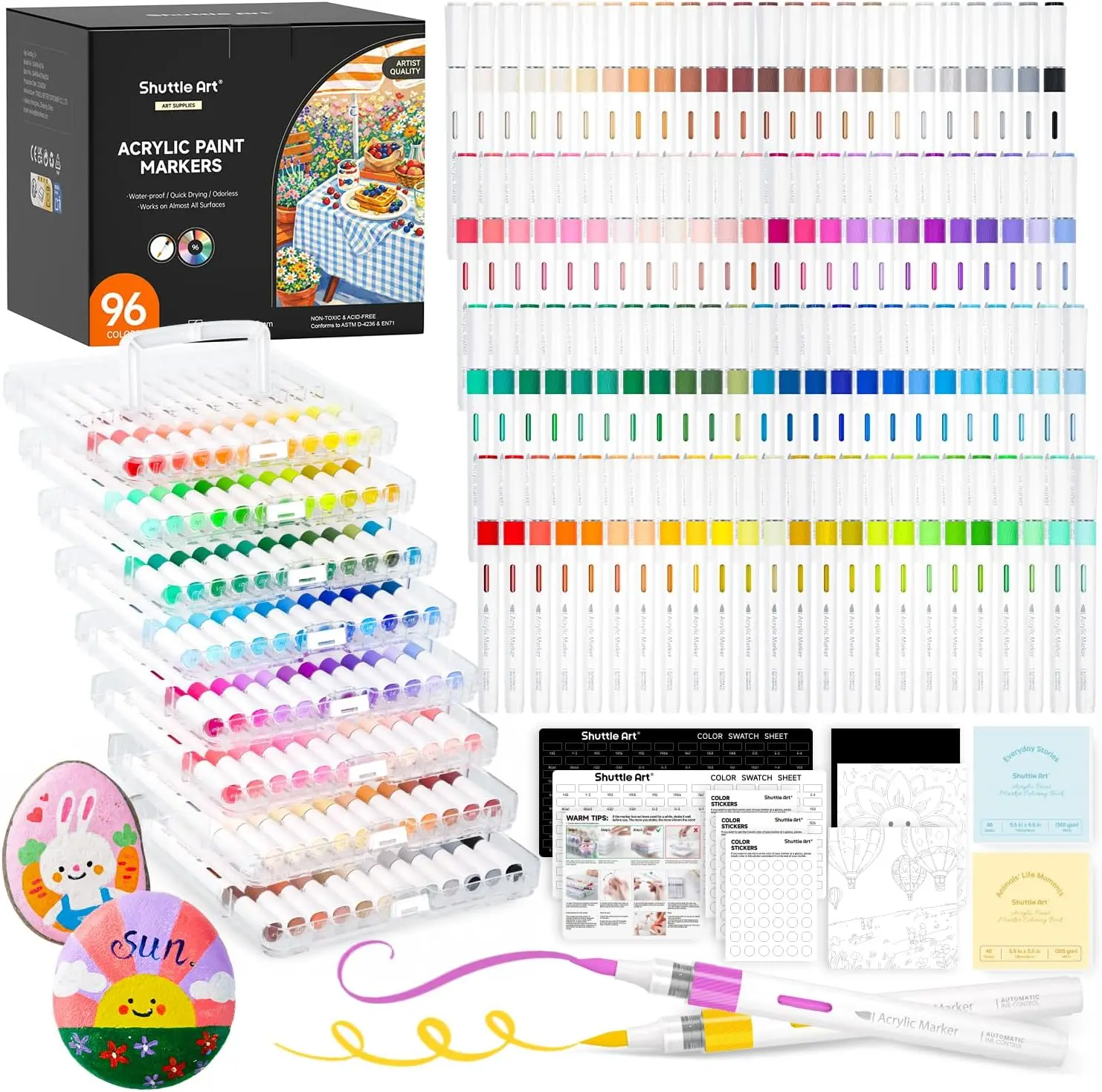 Shuttle Art Automatic Ink Control Acrylic Paint Markers, 24/36/60/96 Colors Brush Tip Acrylic Paint Pens for Rock Painting, Ceramic, Wood, Canvas, Glass, Stone, Fabric, Card Making, DIY & Art Supplies modelpaintingmarkers,Pastel,Metallic