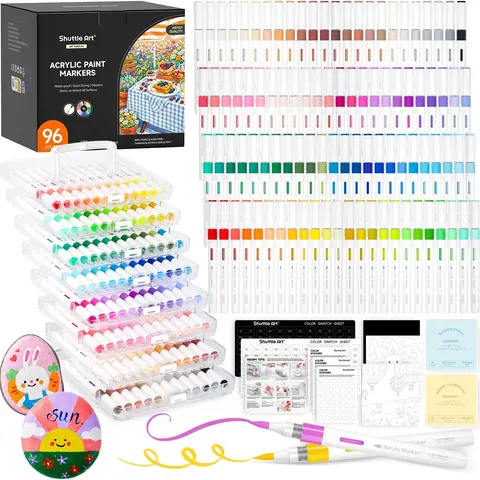 Shuttle Art Automatic Ink Control Acrylic Paint Markers, 24/36/60/96 Colors Brush Tip Acrylic Paint Pens for Rock Painting, Ceramic, Wood, Canvas, Glass, Stone, Fabric, Card Making, DIY & Art Supplies modelpaintingmarkers,Pastel,Metallic