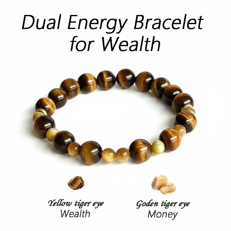 Natural Golden and Yellow Tiger Eye Dual Wealth & Protection Bracelet, Healing Energy Crystal Beaded Bracelet for Good Luck, Wealth Abundance & Career Success, Unisex Vintage Spiritual Crystal Jewelry Gift for Men and Women