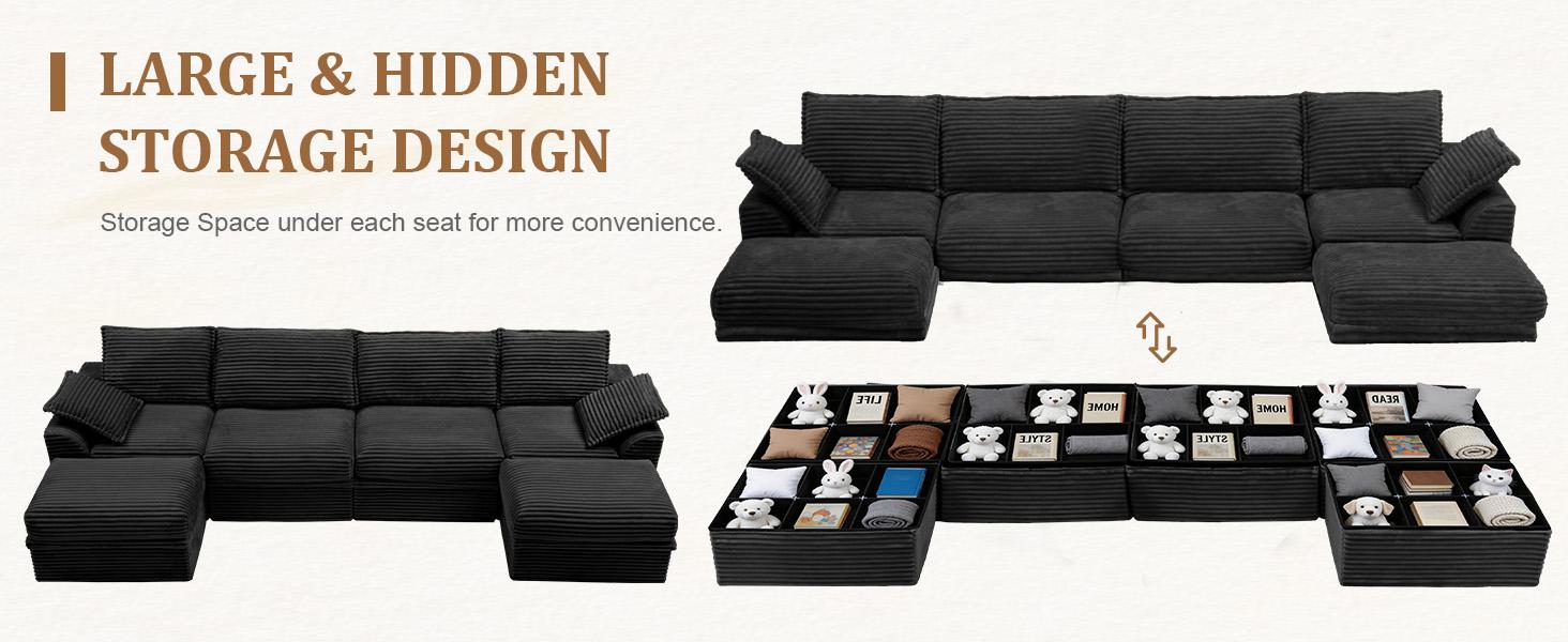 【2-4 Packages Shipping】NABUMI 142” Oversized Modular Sectional Sofa with Storage, Extra Deep&High Seat Corduroy Cloud Couch, Ergonomic Memory Foam Sofa, Comfy Fluffy, Free Combination, with Ottomans, Tool-Free Assembly, Black, Beige, Dark Gray, Green