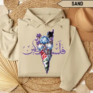 Elegant Palestine map and floral print hoodie with Arabian map design, cotton long sleeves for men and women, S-5XL, Clothing Unisex Crew Neck Basic