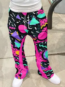 Men's Retro 80s Neon Geometric Flare Pants, Casual Slim-Fit Long Trousers, Drawstring Waist, Streetwear, Dance, School, Skateboarding