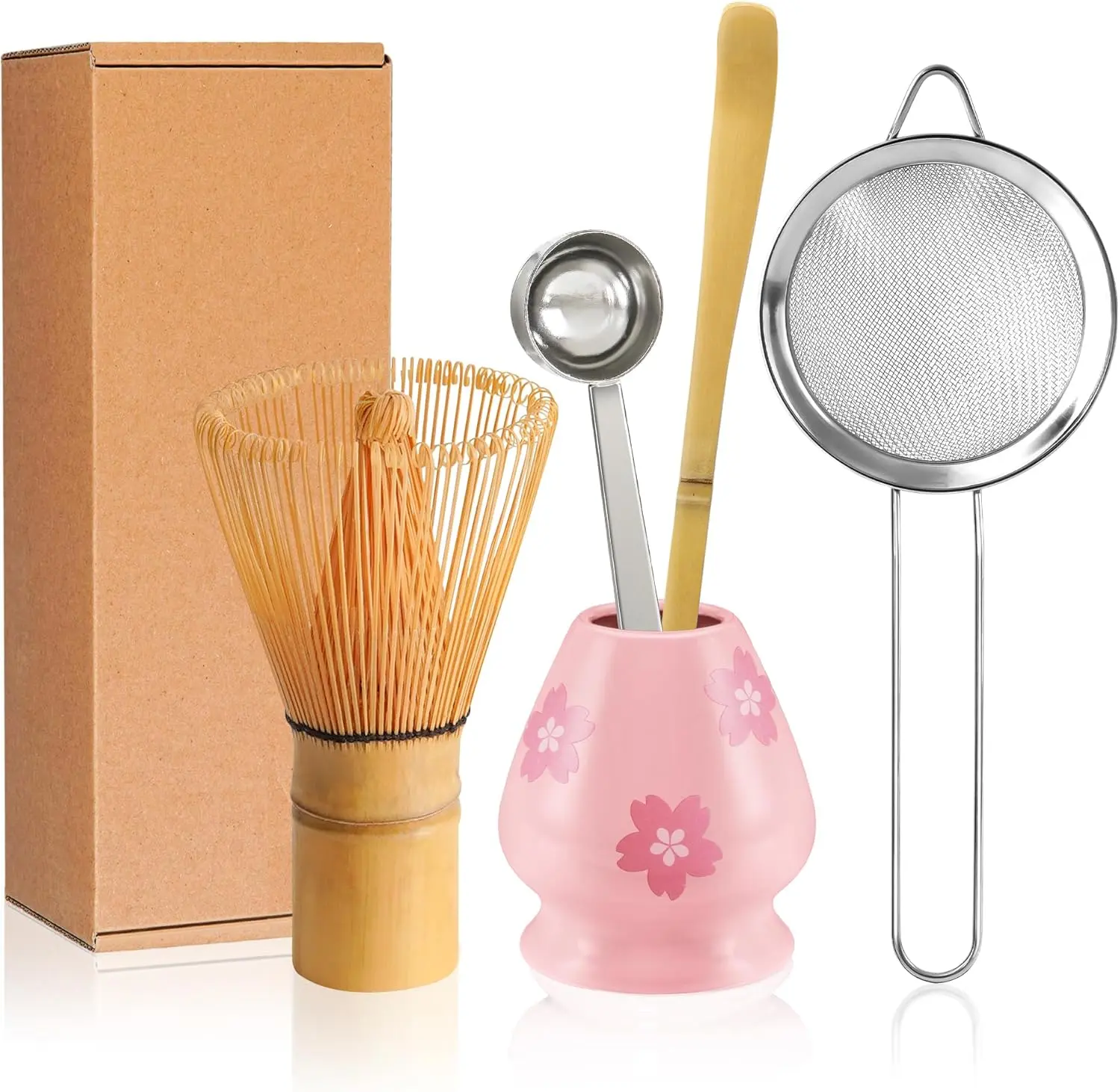 Matcha Whisk Set Matcha Making Kit Bamboo Chasen Ceramic Whisk Holder Stand Sifter Scoop Japanese Tea Tools (Pink Printing)