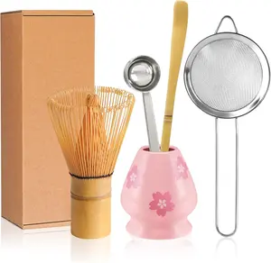 Matcha Whisk Set Matcha Making Kit Bamboo Chasen Ceramic Whisk Holder Stand Sifter Scoop Japanese Tea Tools (Pink Printing)