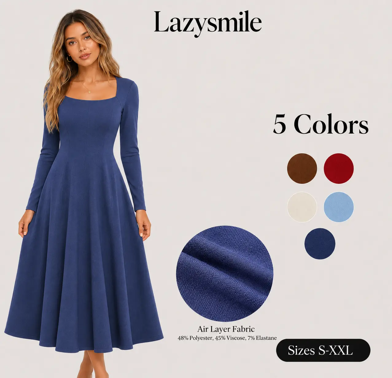 LAZYSMILE Women's Chic Elegant Fashion Long-Sleeves Formal Midi Dress - Soft Stretchy A-Line Wrap Dress for Evening Cocktail, Wedding Guest Events