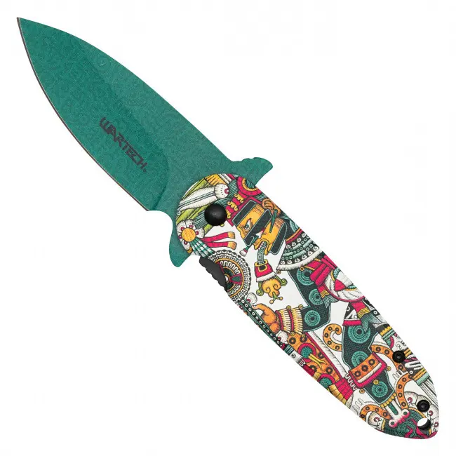 Aztec Pattern Pocket Knife – Tribal Folk Art Design – Mayan Inspired Collectible – Geometric Colorful Artwork – Assisted Opening Folding Knife – Unique Gift – Camping Hiking Fishing Outdoor