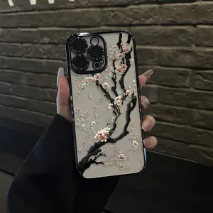 [LX]White cherry blossom tree Blooming Pattern Electroplated Mobile Case Camera Lens Protection wildflower cases for iphone 16 15 Pro max case 14 13 12 11 XR XS Plus Shockproof and non-slip silicone transparent acrylic mobile phone protective film