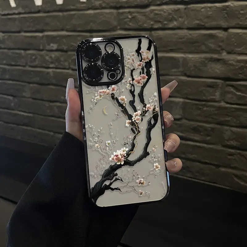 White cherry blossom tree Blooming Pattern Electroplated Mobile Case Camera Lens Protection wildflower cases for iphone 16 15 Pro max case 14 13 12 11