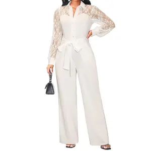 Acelyn Jumpsuit Elegant Jumpsuit for Women Dressy Sexy Lace Patchwork Puff Sleeve Wide Leg Pant Suit One Piece Formal Outfits With Pockets Adjustable Belt Date Spring Suit Casual Work