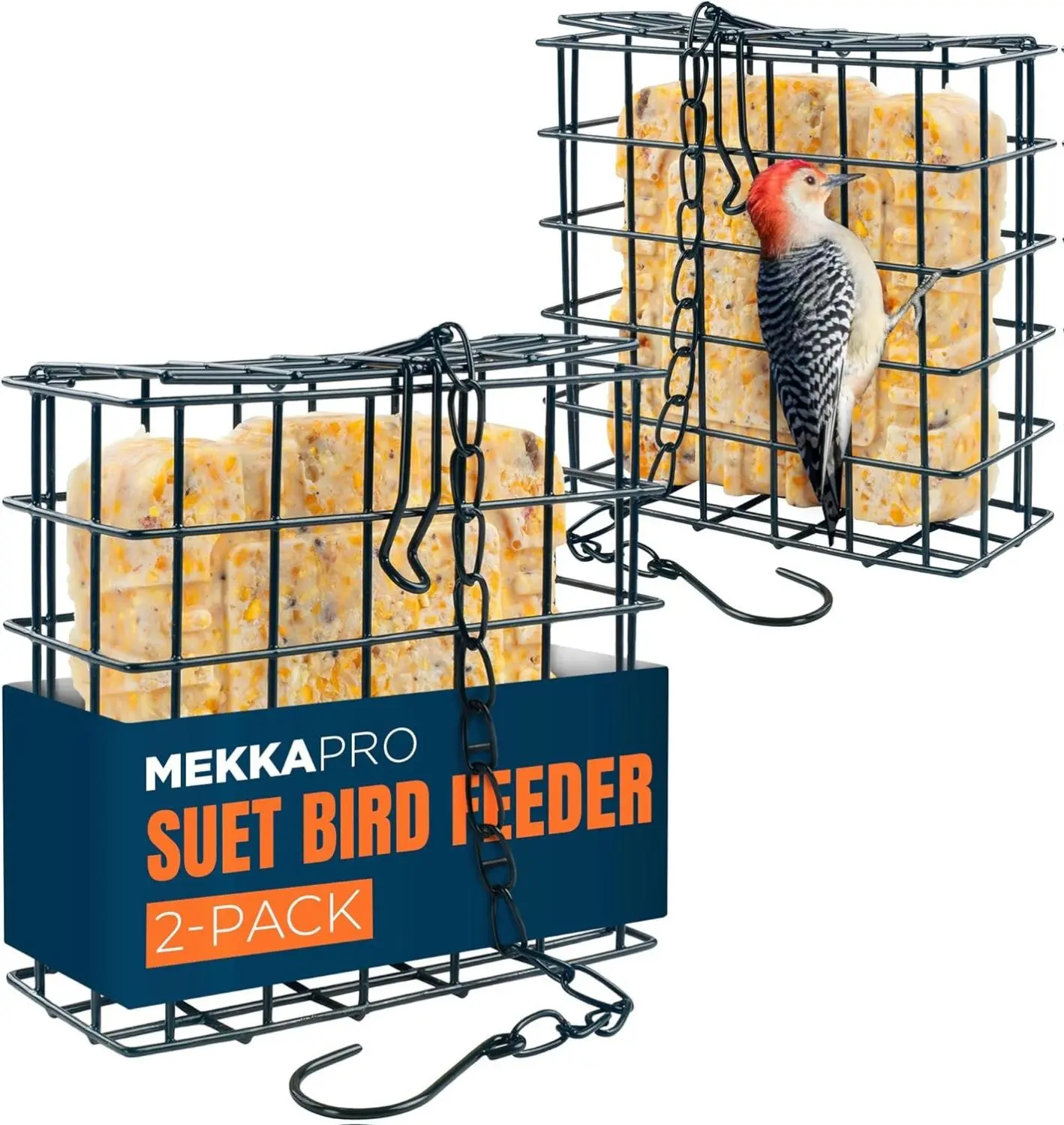 MEKKAPRO Double Delight Suet Feeder 2-Pack with Metal Chain, Dual Capacity, Weather-Resistant Hanging Bird Feeders - Easy to Use, Ideal for Clinging Birds, Woodpeckers, Nuthatches, Chickadees