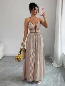 New Women's Dress, Vacation Striped Deep V Sexy Halter Neck Dress, Trendy Summer Fashion, Perfect for Beach & Parties