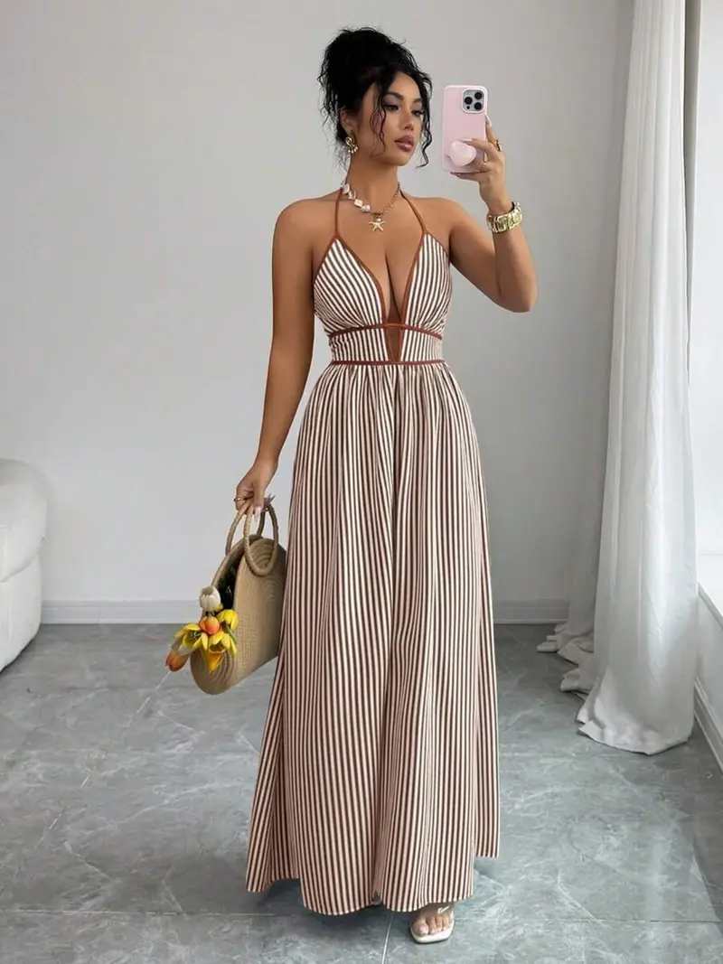 women striped print v neck dress - TikTok Shop