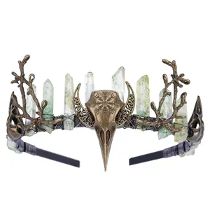 Handmade Raw Quartz Crystal Crown - Bronze Crow Branch Moon Elf Headpiece Fantasy Forest Witch Crown for Wedding Renaissance Halloween Cosplay Woodland Headband